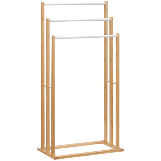 Vabalt seisev rätikuhoidja 3 bambusvardaga, naturaalne, 48x25,8x94cm, ideaalne vannituppa ja spaasse.