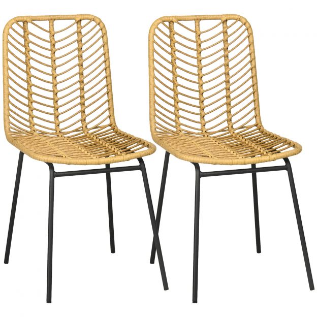 Söögitoolide komplekt 2 tk, köögitool seljatoega rotangist välimusega, teras, kollane, 44x58x85cm söögituppa ja elutuppa| Aosom
