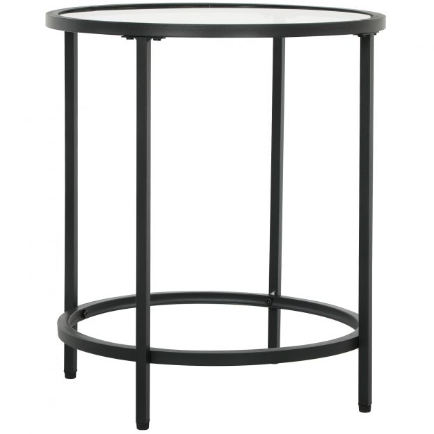 Ümmargune abilaud diivanilaud klaasist lauaplaadiga, metallraam, kohvilaud, öökapp elutuppa, magamistuppa, must, Ø48 x 54,7 cm