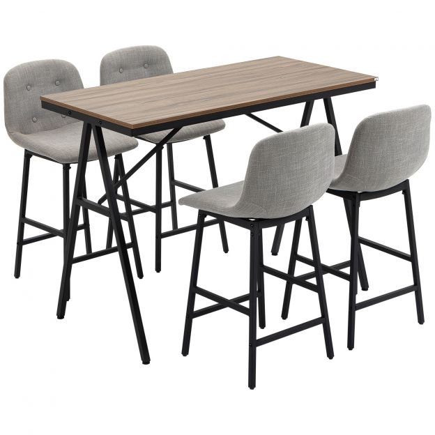 Bartilaud 5-osaline komplekt baaripukkidega, söögigrupp kööki, bistroolaud 4 tooliga, metall, helepruun, 120x60x91 cm.