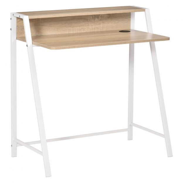 Kaasaegne arvutilaud hoiuriiuli ja kaablite läbiviiguga metallraam Valge Tamm 84x45x85cm kodukontorisse ja tööruumi.