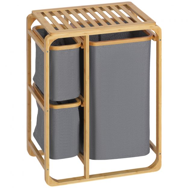 Bambusest pesukorv platvormiga, eemaldatavate pesukottidega pesusorteerija, hall+looduslik, 50x32x69,7cm| Aosom