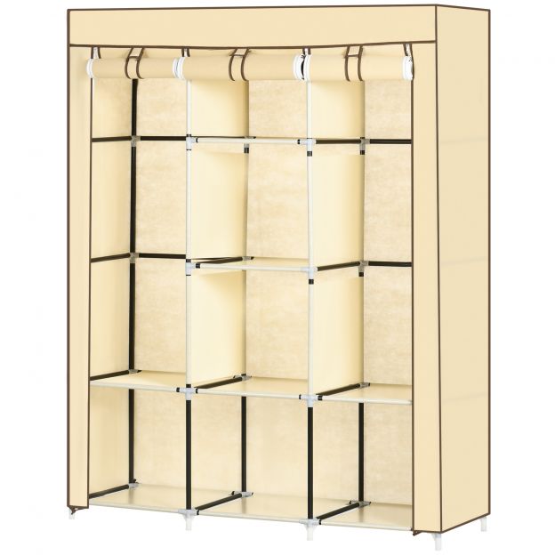 Riidekapp 8 taseme ja riidepuudega, volditav kapp beežist lausriidest, 125x43x162,5cm ruumisäästlikuks hoiustamiseks.