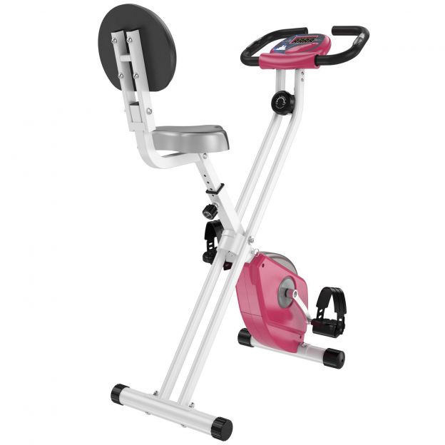 Kodu treeningratas F-Bike jalgrattatreener 8-astmelise reguleeritava magnettakistusega, kõrguse reguleerimisega, teras, roosa ja valge, kompaktne 43 x 97 x 109 cm.