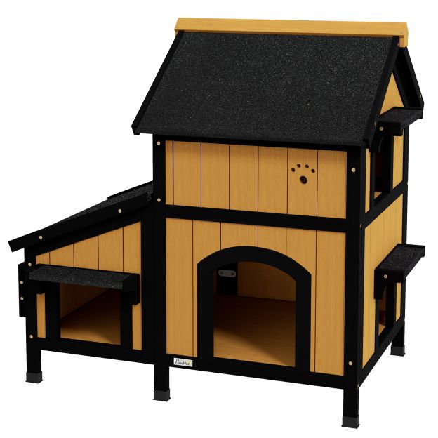 Kassimaja, kuusepuit, mitme sissepääsuga kassimaja, 2 korrust, välikassikoobas, väikeloomade maja asfaldikatusega, lillekast, talvekindel, tõstetud disain, kollane, 96 x 65 x 85,5 cm