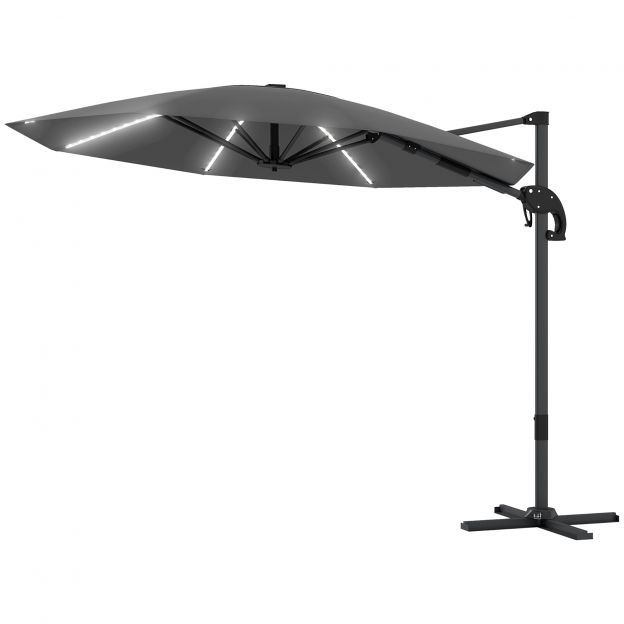 Alumiiniumist päikesevari LED päikesepatareiga Ø300cm kõrguse reguleerimisega päikesevari vändaga alus UV50+ veekindel 360° pööratav turuvari kallutatav aias päikesevari päikesekaitse aeda rõdule tumehall