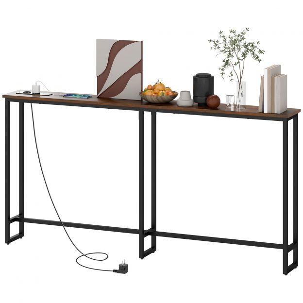 Konsoollaud, esikulaud integreeritud laadimisjaamaga, terasjalad, kitsas abilaud tööstuslikus stiilis esiku sissepääsu kontorisse, teras, 160 x 20 x 80 cm rustikaalne pruun