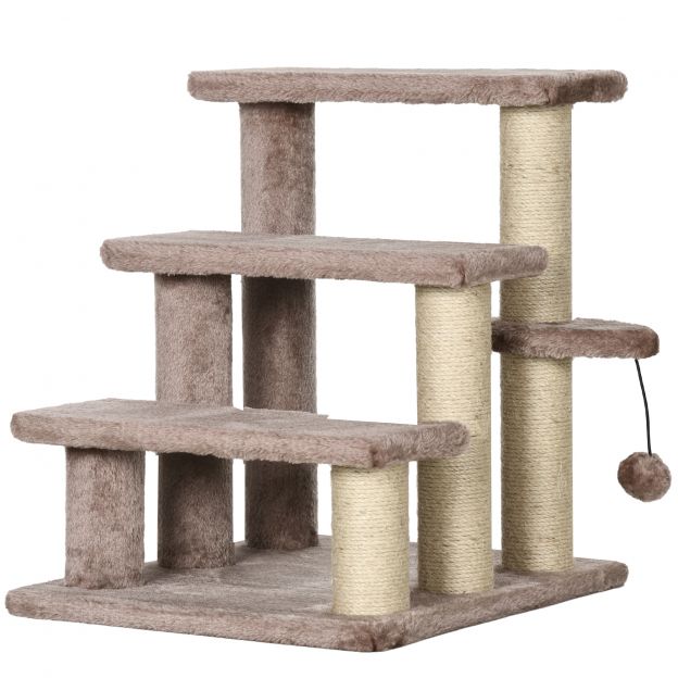 Kassitrepp Loomatrepp kassidele ja koertele 3 astet kraapimispostidega mängupall Pruun plüüs 45x40x48cm suurema mugavuse jaoks.
