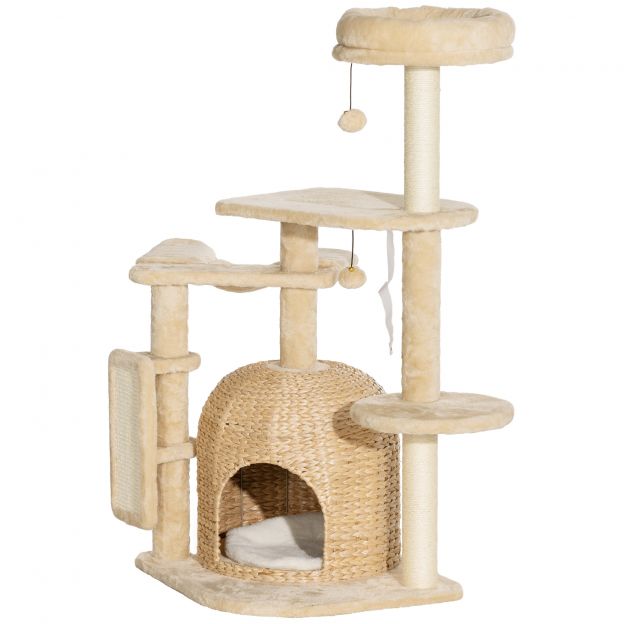 Kassipuu 112 cm kassipuu koos kassimaja, voodi, mängupallide, sisal-kraapimispostidega, kassidele kuni 5 kg, beež