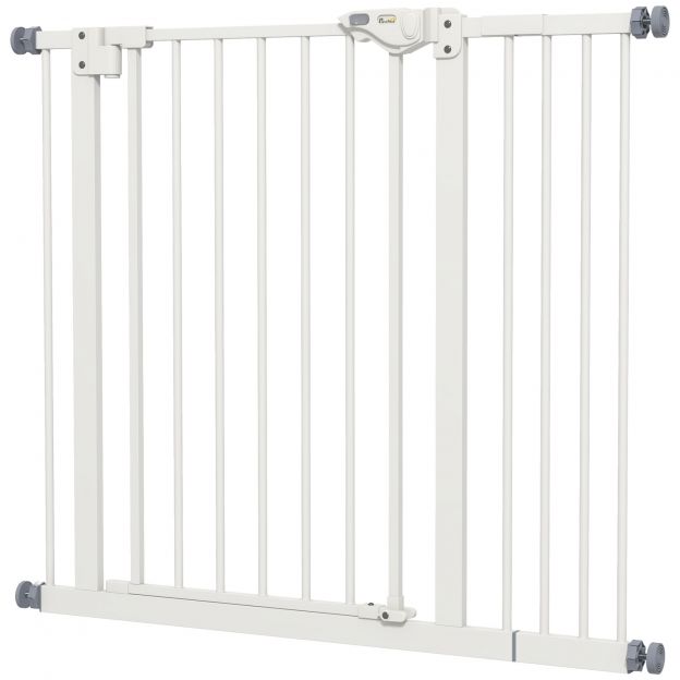 Koertele mõeldud turvavärav, tõkkepuu, 74-80/87-94 cm, trepi turvavärav lemmikloomadele, koeravärav koos erinevate pikendustega, puurimata kaitsevõre, metall, plast, valge