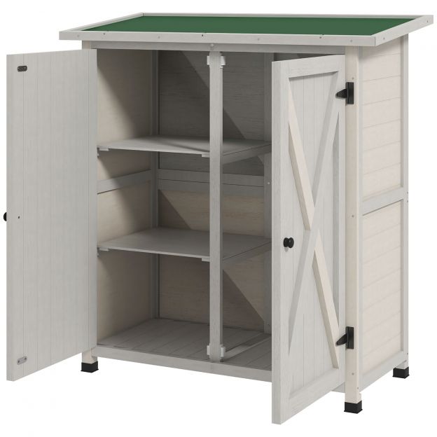 Aiaruum, puidust tööriistakuur, ilmastikukindel tööriistakapp kahe uksega, tööriistamaja asfaldkatusega, tööriistakapp aeda, terrassile, 110 x 55 x 117 cm, helehall