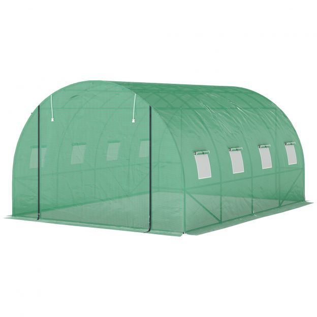 Kasvuhoone umbes 4 x 3 x 2 m kilekasvuhoone 8 aknaga, rulluks, rullitavad külgseinad, UV-kindel kiletunnel, talvekindel tomatimaja maapinnakinnitusega, roheline