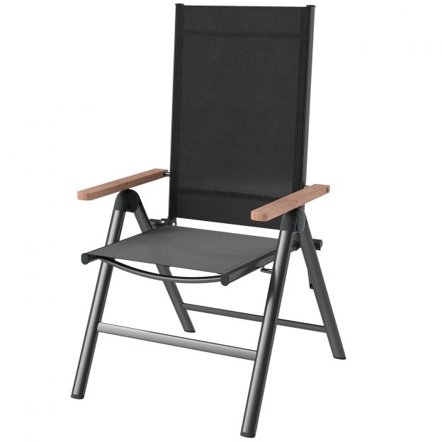 Terasest aiatool, käetugedega kokkupandav tool, rõdutool, kokkupandav tool, 120 kg kandevõimega kõrge seljatoega terrassitool aeda, rõdule, 60 x 73 x 108 cm must.