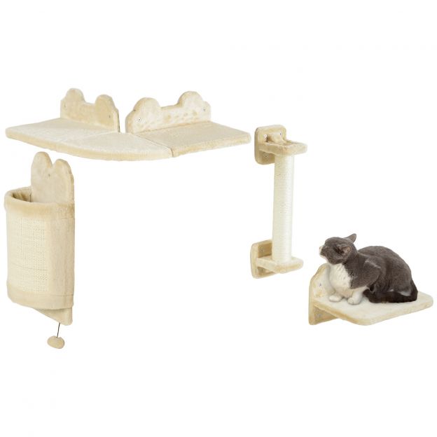 Kasside ronimisseinakomplekt, 4-osaline kassimööbel istmeplatvormi, nurgaplatvormi, mängupalli ja kaarekujuline kraapimisplaadiga, kassidele kuni 5 kg, plüüs, beež