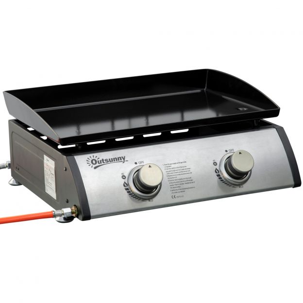 Lauagrill gaasigrill BBQ 2 põletiga, lauagaasigrill voolikuga, roostevaba teras ja metall, mittenakkuv grillplaat, ideaalne telkimiseks.