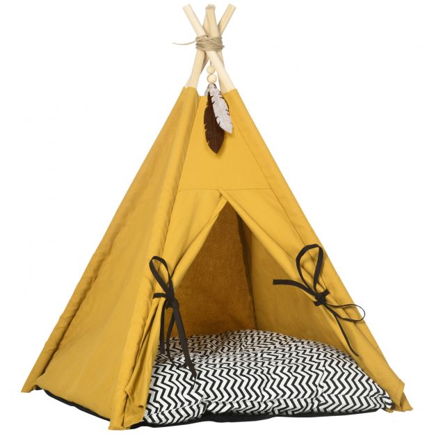 Kassimaja tipi-telk koeravoodi padjaga, libisemiskindel, mängupalliga, männipuidust, siseruumides kollane| Aosom