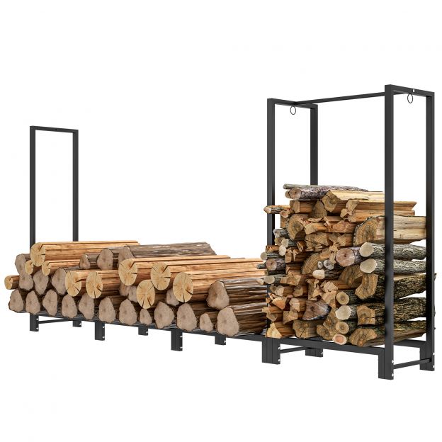 Kaminapuude riiul 240 x 32 x 115 cm küttepuude riiul kahe sektsiooni, kolme konksu, kaminapuude riiul välitingimustes, siseruumides, kuni 300 kg, teras, must