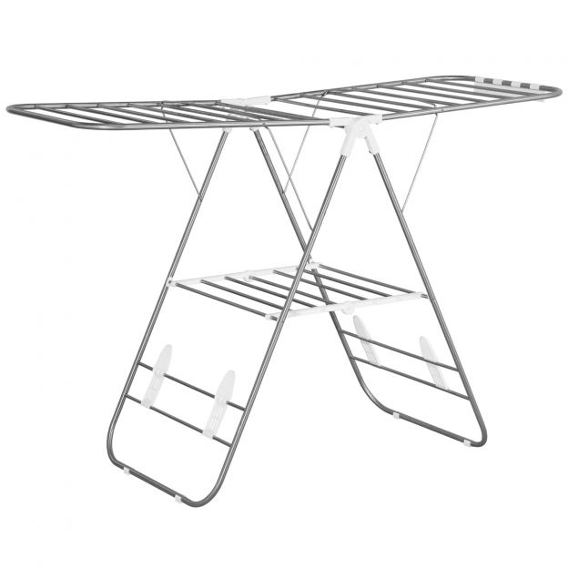 Kokkupandav ja kaasaskantav pesukuivati tiibkuivati teleskooptorudega roostevabast terasest ja plastikust hõbedane ja valge 146x60,5x98cm.ee