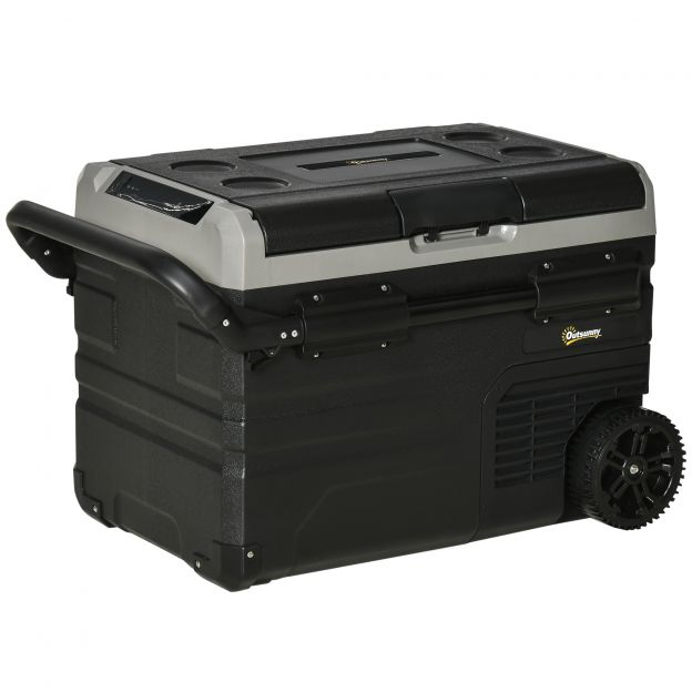 Autokülmik 40L LED-valgustusega, kompressoriga autokülmik transpordiratastega, 12/24V DC ja 110-240V AC, hall ja must.