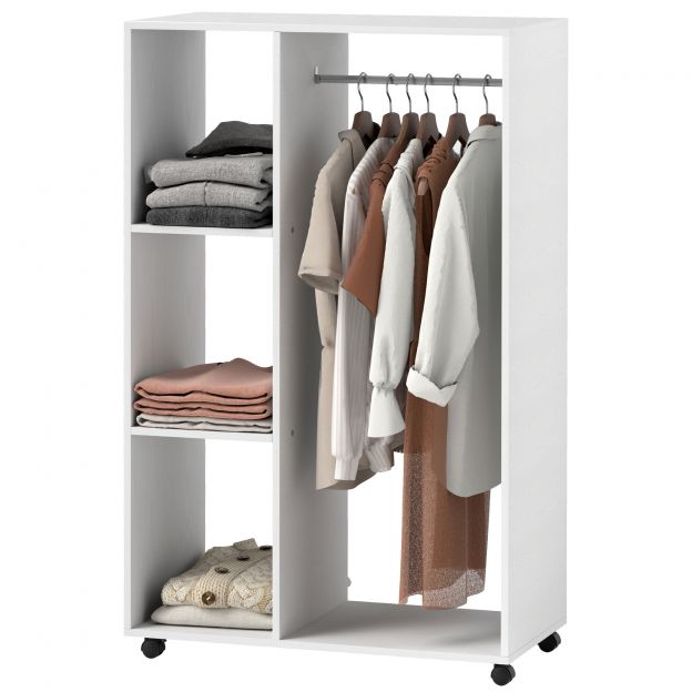 Riidekapp ratastel, mobiilne garderoob, 1 riidepuu, 3 riiulit, garderoobikapp, ratastel riidestange esikusse, magamistuppa, 80 x 40 x 128 cm, valge