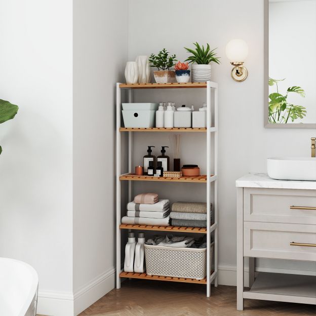 Vannitoariiul, vannitoariiul, põrandariiul, köögiriiul, lillealus, bambusest raamaturiiul, 5 riiuliga, reguleeritavad riiuliplaadid, 60 x 26 x 130 cm BCB35Y