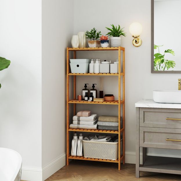 Vannitoariiul, vannitoariiul, põrandariiul, köögiriiul, lillealus, bambusest raamaturiiul, 5 riiuliga, reguleeritavad riiuliplaadid, 60 x 26 x 130 cm BCB35Y