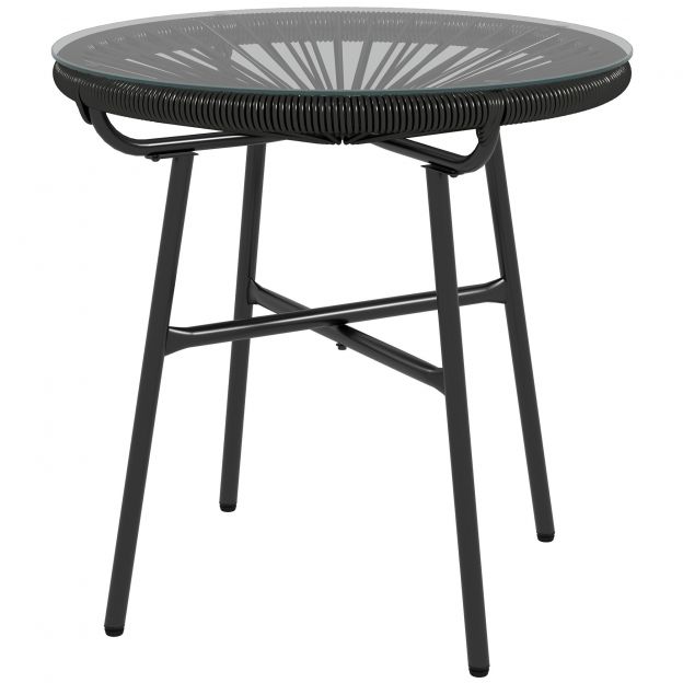 Rotangist abilaud bistro laud kohvilaud ümmargune klaaslauaplaadiga 50x50x50cm terrassile rõdule must.