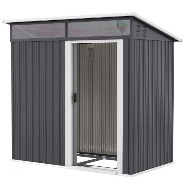 Metallist tööriistakuur 1,9m² 195x122x182cm tööriistakuur vundamendiga kaldkatus aken lükanduks konksud kindad ilmastikukindel aiamaja välikasutuseks aed kuur tagaaeda tumehall
