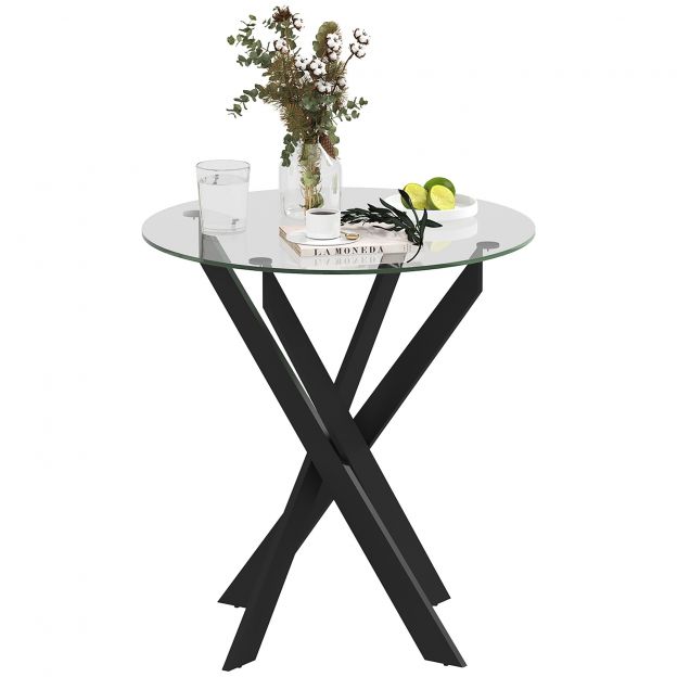 Söögilaud, ümmargune köögilaud 4 inimesele, söögitoalaud terasjalgadega, karastatud klaasist lauaplaat, söögituppa, kööki, Ø70 x 75 cm, modernne disain, must+läbipaistev