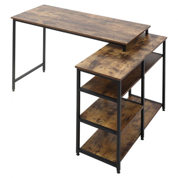 L-kujuline nurgalaud arvutilaud riiuli ja sahtliga 135x90x79cm rustikaalne pruun puitlaastplaat metall kontorisse ja kodukontorisse.