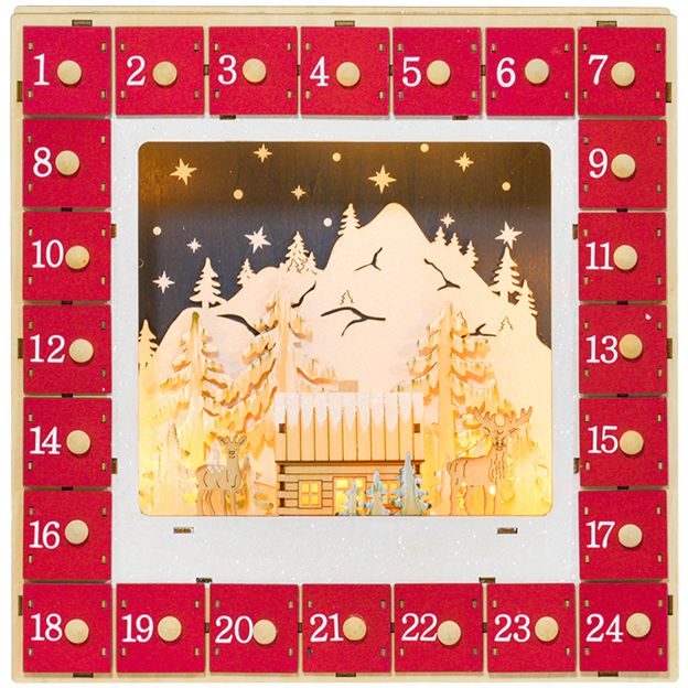 Advendikalender täitmiseks 24 sahtlit jõulukalender LED-tuledega advendikalendri kast jõulukaunistus DIY MDF 34 x 7 x 34 cm punane