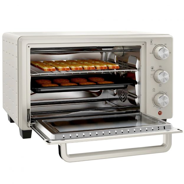 Väike pöördvardaga ahjuahi, 21 L väike rösterahi 1 traadist resti ja 1 küpsetusplaadiga, 3 küpsetusrežiimi, 100 °C-230 °C, roostevaba teras, klaas, kreemjas valge.