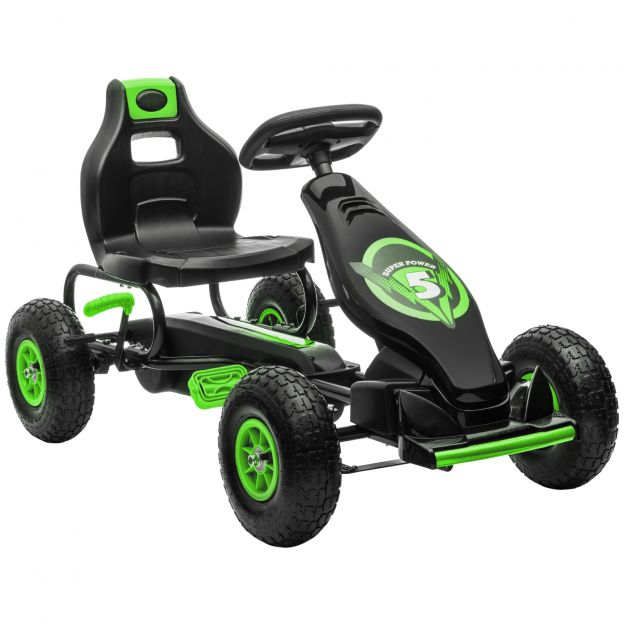 Gokart laste sõiduk reguleeritava istme ja kummirehvidega, pedaali ja käsipiduriga, alates 5. eluaastast, roheline-must väliseiklusteks.