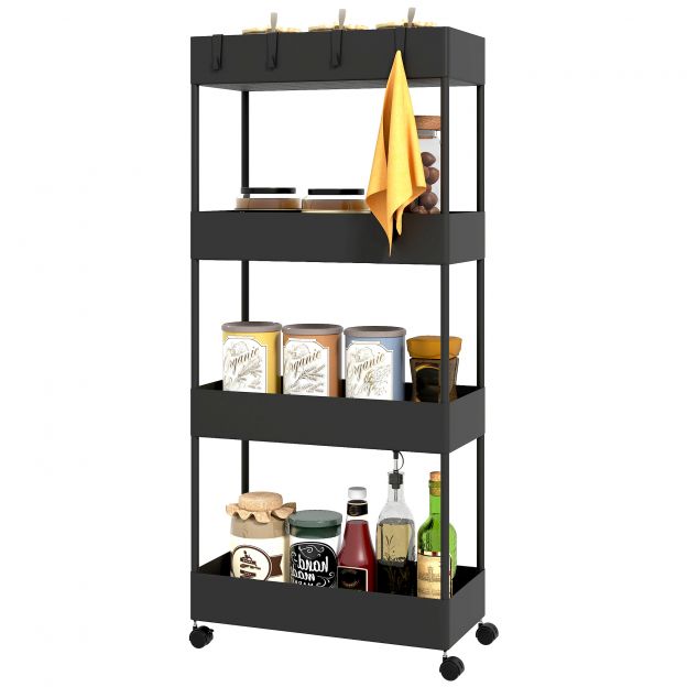 Riiul, köögiriiul 4 tasemega, ratastega hoiuriiul, köögikäru piduritega, serveerimiskäru kööki, magamistuppa, elutuppa, plastik, must, 40 x 19 x 90 cm