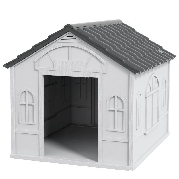 Koerakuut, viilkatusega koeramaja, ilmastikukindel väikeloomade maja keskmise suurusega koertele alla 20 kg, välikoerakuut, 65 x 75,7 x 63 cm, hall