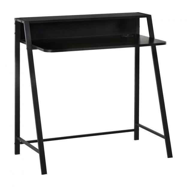 Arvutilaud stiilne kirjutuslaud hoiuruumi ja kaablite haldamisega, must metall 84x45x85cm kodukontorisse ja tööruumi jaoks.