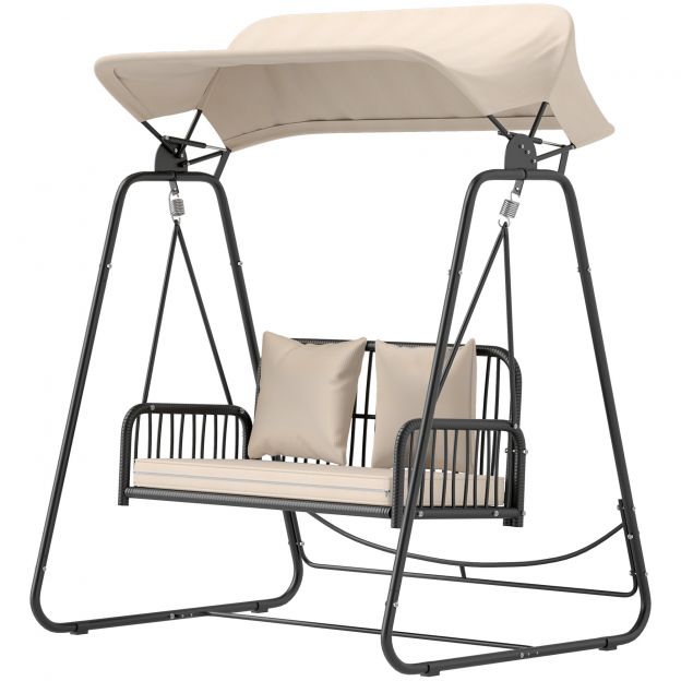 Hollywoodi kiik Rattan 2-kohaline aiamängu kiik reguleeritava päikesekatusega padjad rippuv pink kuni 240 kg kandevõimega rippkiik kiikpink aeda rõdule 149 x 121 x 180 cm Khaki