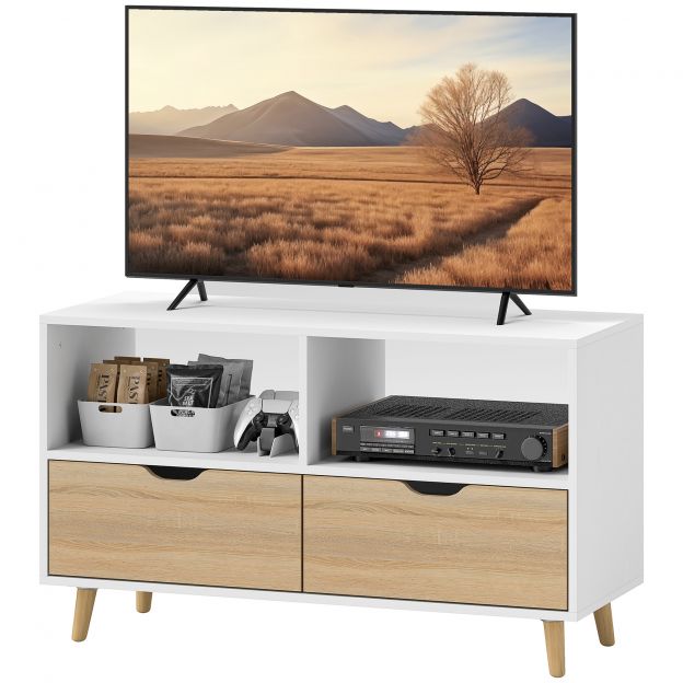 TV-kapp madalalusega, 2 riiulit, sahtel, 99 cm pikkune telerilaud teleri jaoks, TV-alus elutuppa, valge