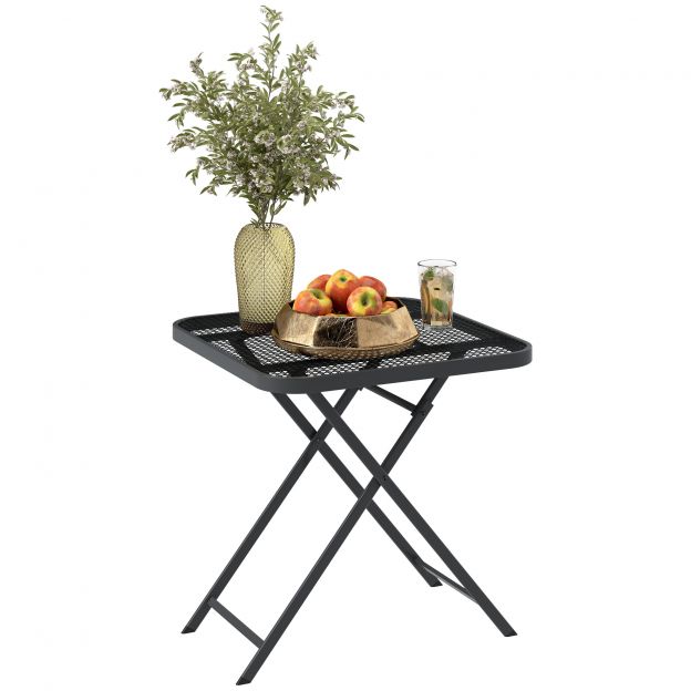 Kokkupandav aiatool 70 x 70 cm, ilmastikukindel rõdutool terasest kokkupandav laud väljalõike disainiga, söögilaud õues, ruudukujuline abilaud, terrassilaud aia terrassi rõdu jaoks must.