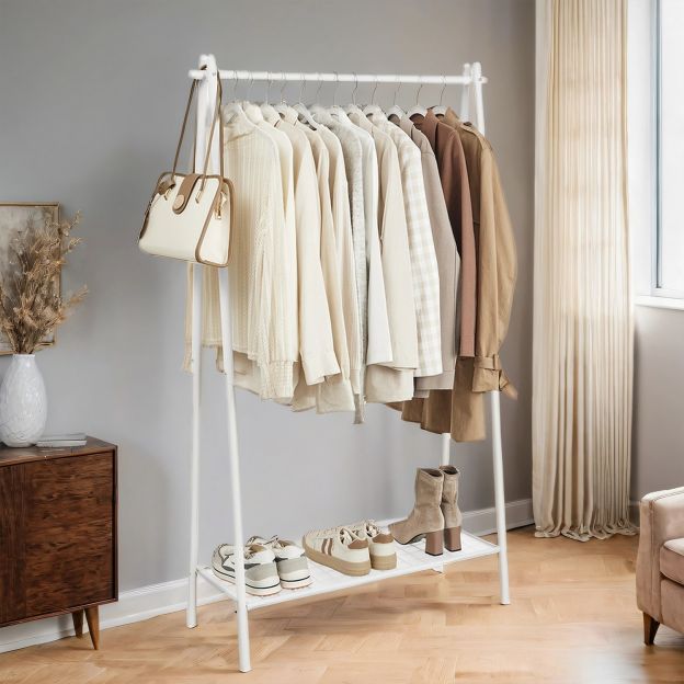 Terasest riidestange, riidenagi riidepuuga, alumises osas riiul, lihtne, magamistuba, esik, pööning, kelder, 92,5 x 33,5 x 153 cm, mattmust HSR23BK