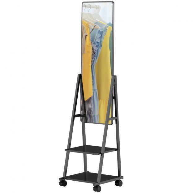 Täispikk peegel, 42 x 155 cm põrandapeegel riiuliga, ratastega peegel, põrandapeegel magamistuppa, elutuppa, must