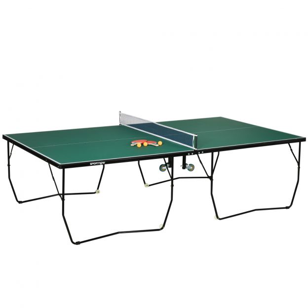 SPORTNOW siseruumides lauatenniselaud ratastega, kokkupandav lauatenniselaud, lauatennise komplekt 2 reketi, 3 palliga, teras, roheline| Aosom