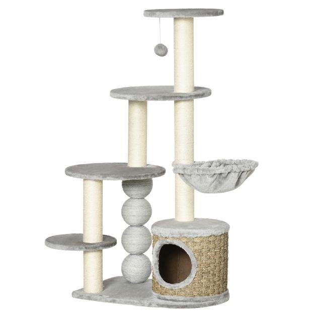 Kraapimispuu 1155 cm kassitorn koos kassimaja ja rippvoodiga väikestele kassidele helehallis.