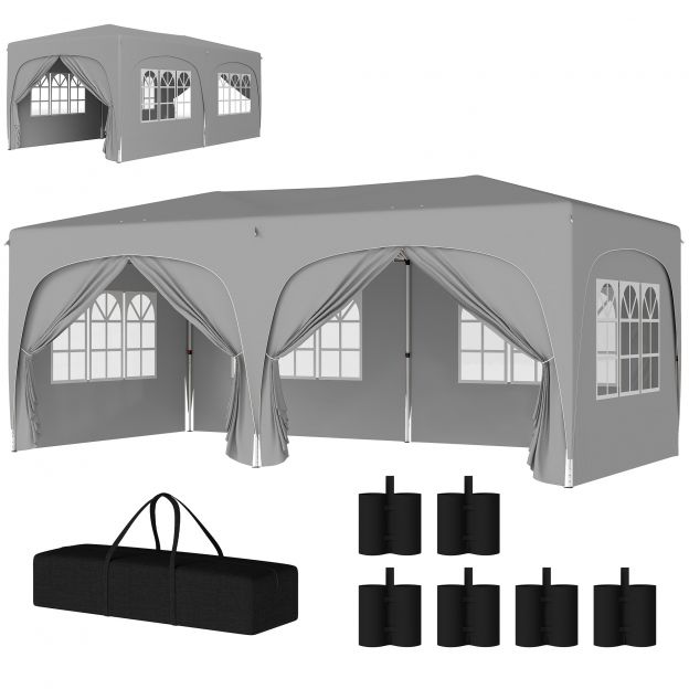 Paviljon umbes 3x6m, veekindel stabiilne talvekindel pop-up kokkupandav paviljon, UV-kaitse 50+, kokkupandav peotelk aiatelk 6 küljega kott aiamajake telkimiseks aeda, helehall