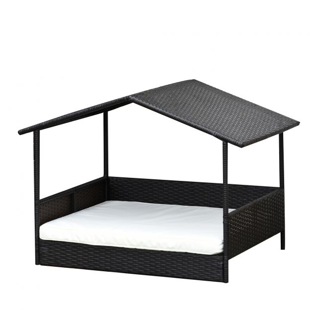 Rotangist koeramaja koos padjaga 98 x 69 x 73 cm koeravoodi majakujuline välikoerakuut terasraamist PP kohvi-pruun.