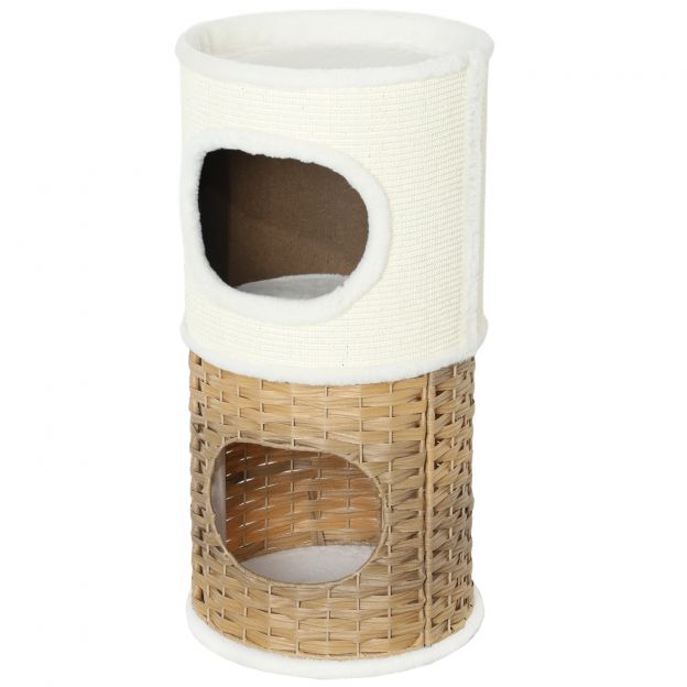 Kraapimistünn 80 cm kõrge Ø 40 cm kolmekorruseline kassitünn plüüsservaga, kassikoobas, kraapimispuu keskmise suurusega kassidele, kreemvalge+pruun