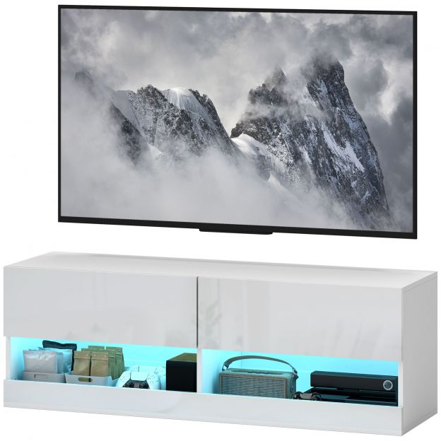 TV-seinakapik värvilise LED-valgustusega, 16 vilkumisrežiimi, seinale paigaldatav TV-kapp, kummut sahtlitega, avatud riiulid, 120 x 35 x 40,5 cm, kõrgläikega valge