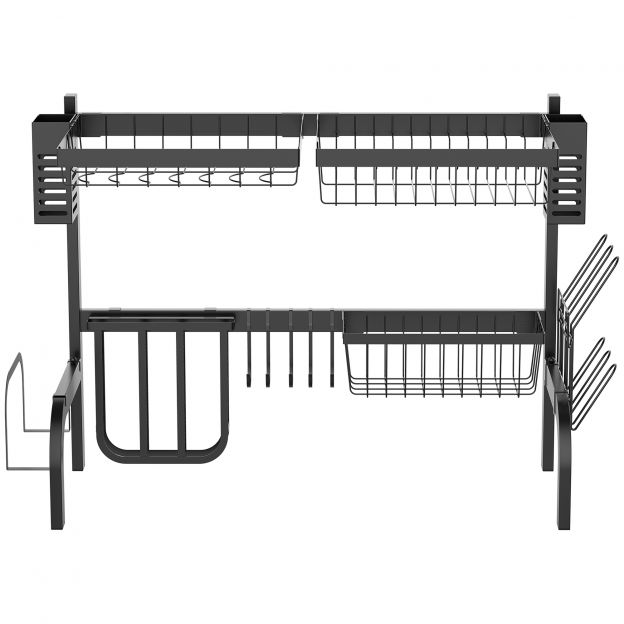 Nõude nõrgumisalus, 2-astmeline nõrgumisalus konksudega, taldrikuriiul, tarvikud, 65 cm nõrgumisrest köögivalamule, teras, must