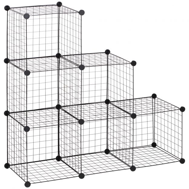 Pistikriiul, riiulisüsteem 6 sektsiooniga, DIY kuubikriiul traadivõrgust, astmeriiul elutuppa, magamistuppa, must, 109 x 37 x 109 cm