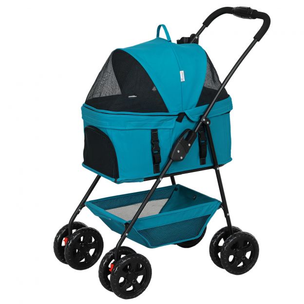 Koerakäru 3 in 1 koerakäru kokkupandav koerakast, kokkupandav transpordikott joogitopsihoidjaga, koerakäru, kassikäru 360° ratastega kassikäru mini koertele alla 4 kg, türkiis